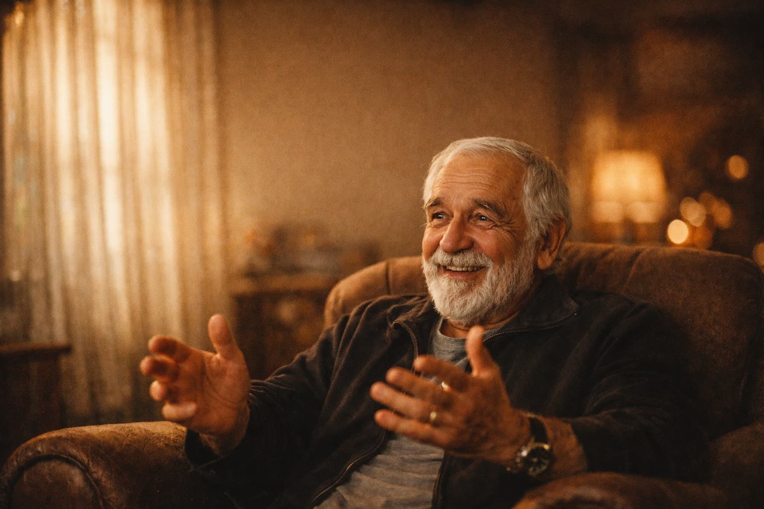 Elderly man mid-storytelling in a warmly lit living room, smiling with expressive hands during a Replay Stories filming session
